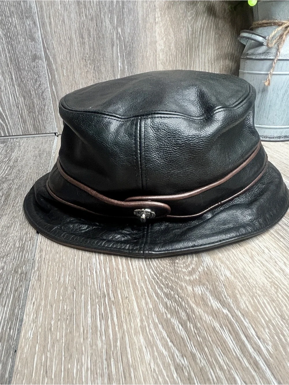 Vintage Coach Leather Bucket Hat Black with Brown Accent Band